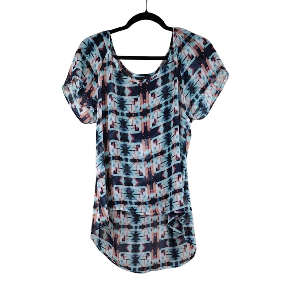 Society Girl Flowy Summer Blue Pink White Casual Graphic Relaxed T-Shirt Blouse